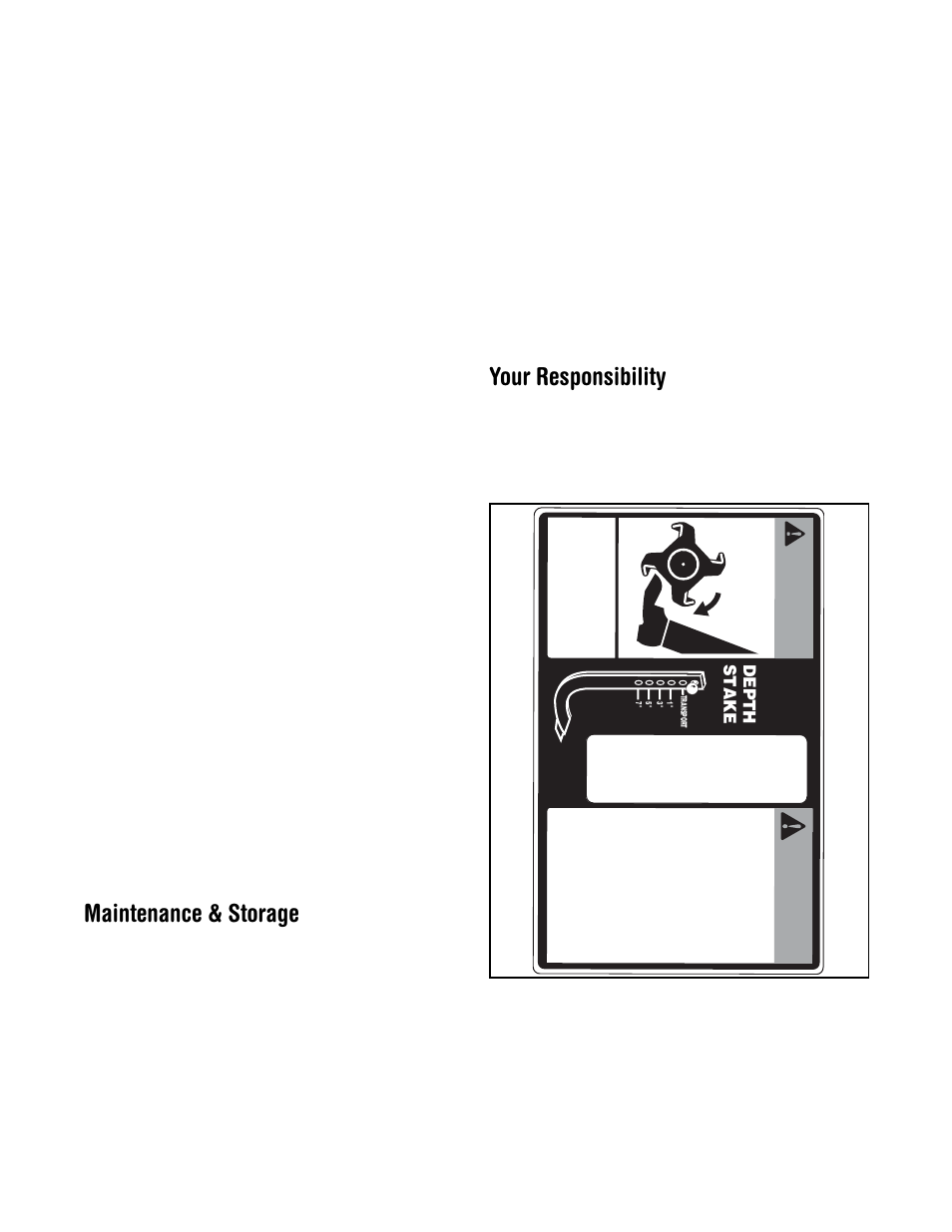 Warning, Maintenance & storage, Your responsibility | Depth stake | Ryobi 454 User Manual | Page 4 / 20