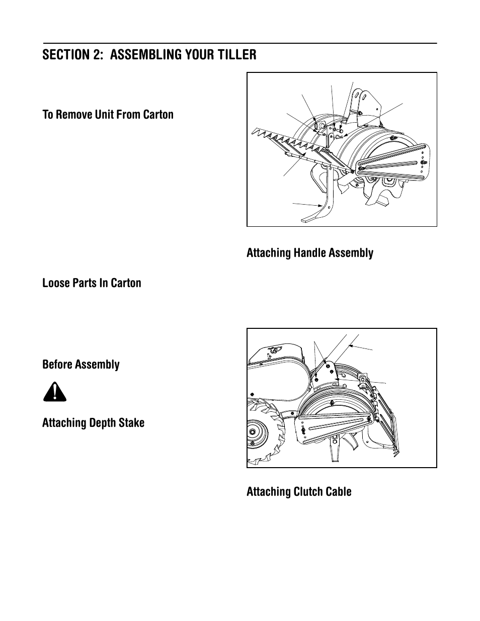 Loose parts in carton, Before assembly, Attaching depth stake | Attaching handle assembly, Attaching clutch cable | Ryobi 454 User Manual | Page 5 / 20