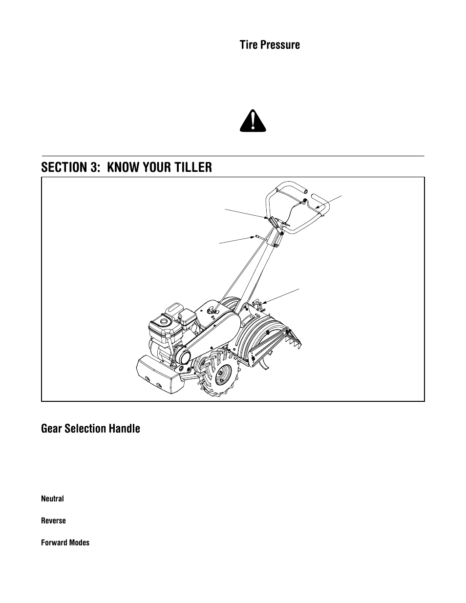 Tire pressure, Gear selection handle | Ryobi 454 User Manual | Page 7 / 20