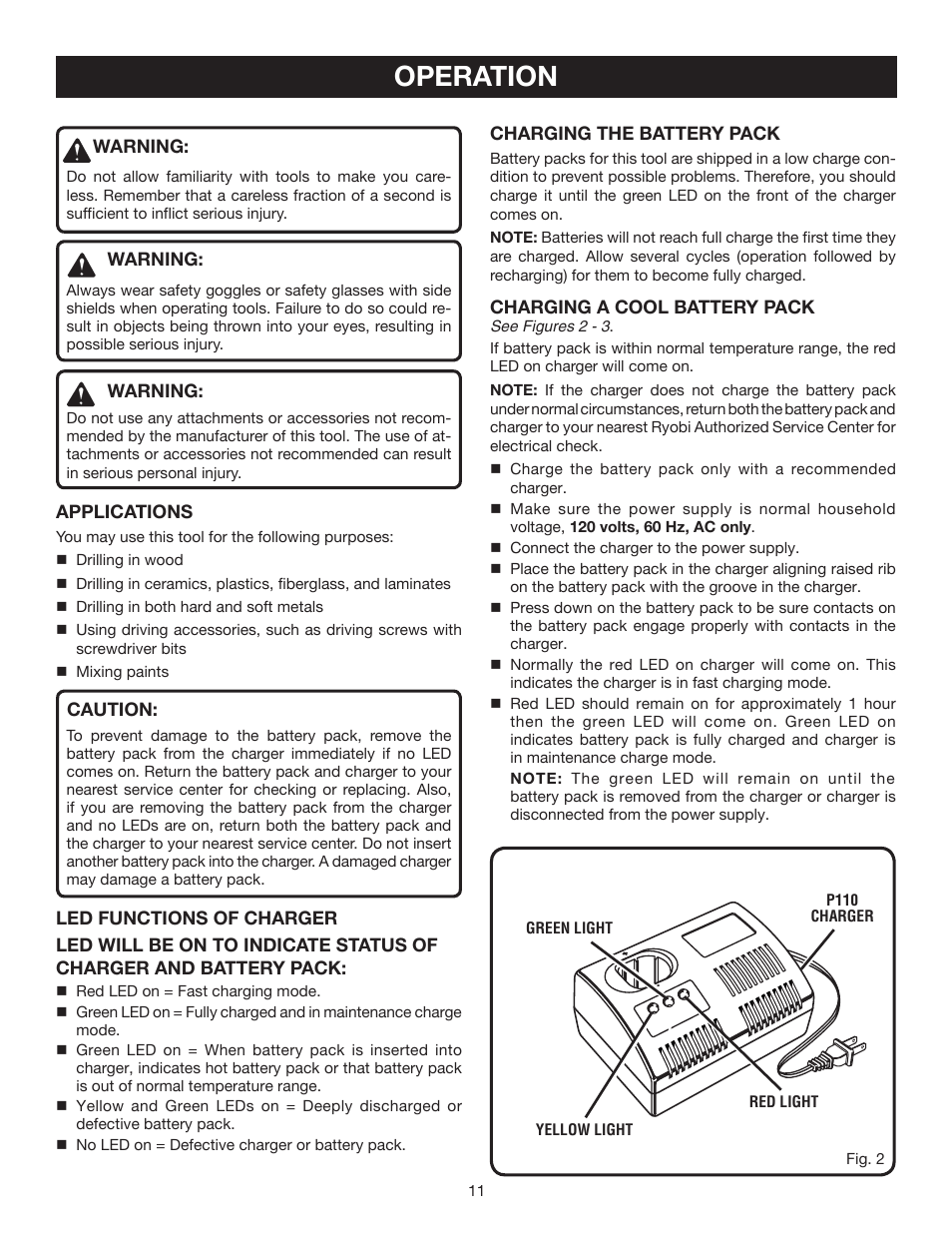 Operation | Ryobi P200 User Manual | Page 11 / 20