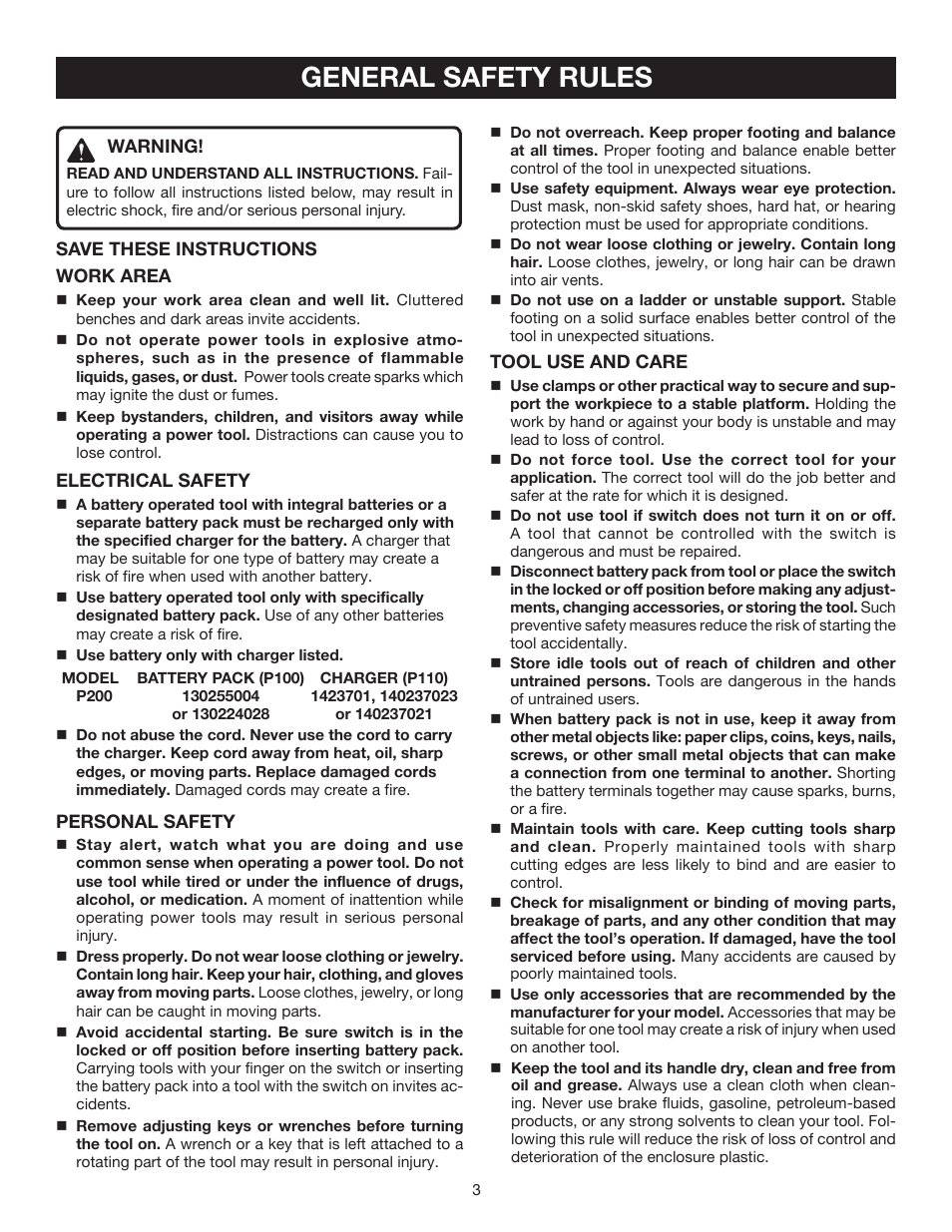 General safety rules | Ryobi P200 User Manual | Page 3 / 20