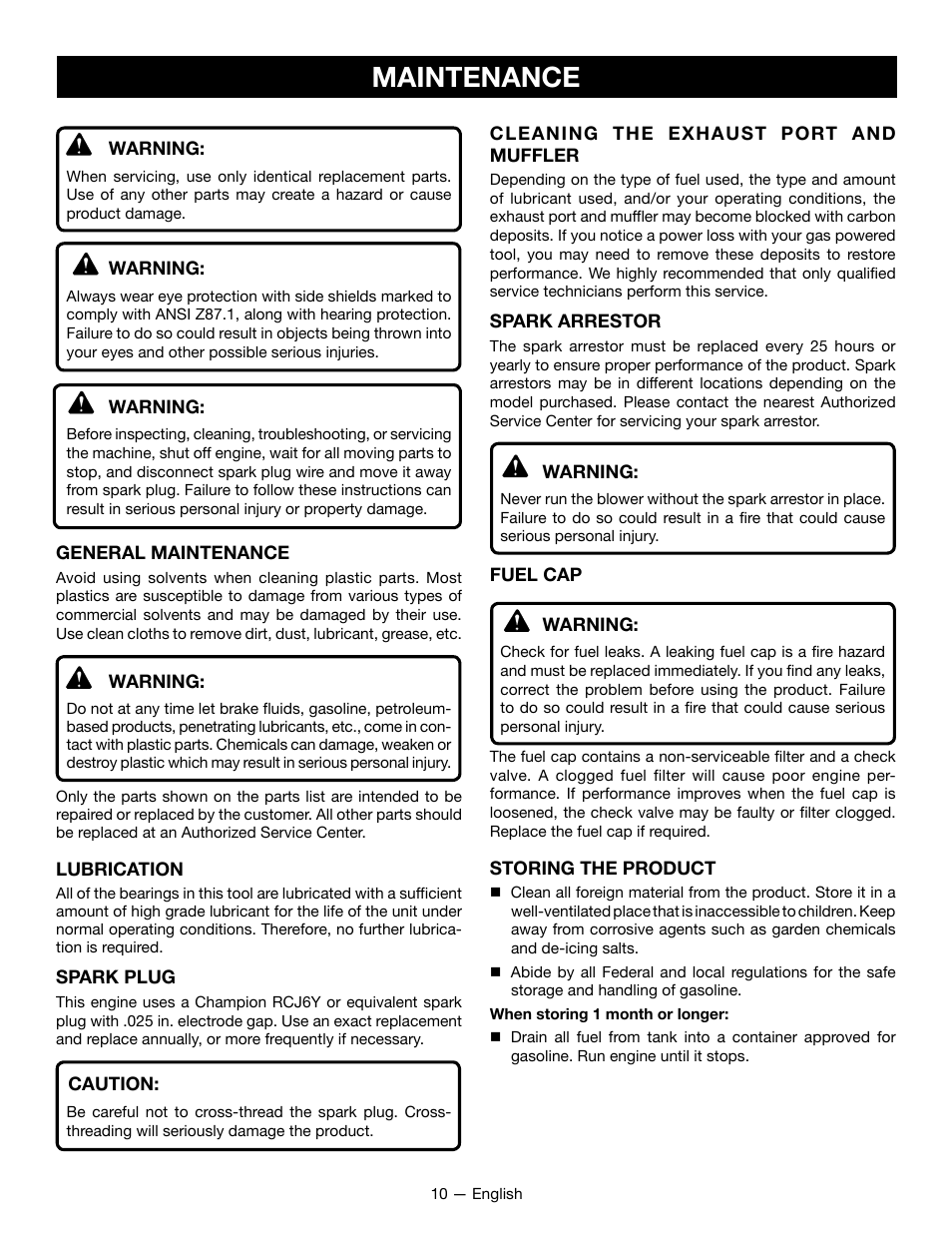 Maintenance | Ryobi RY09800 User Manual | Page 11 / 45