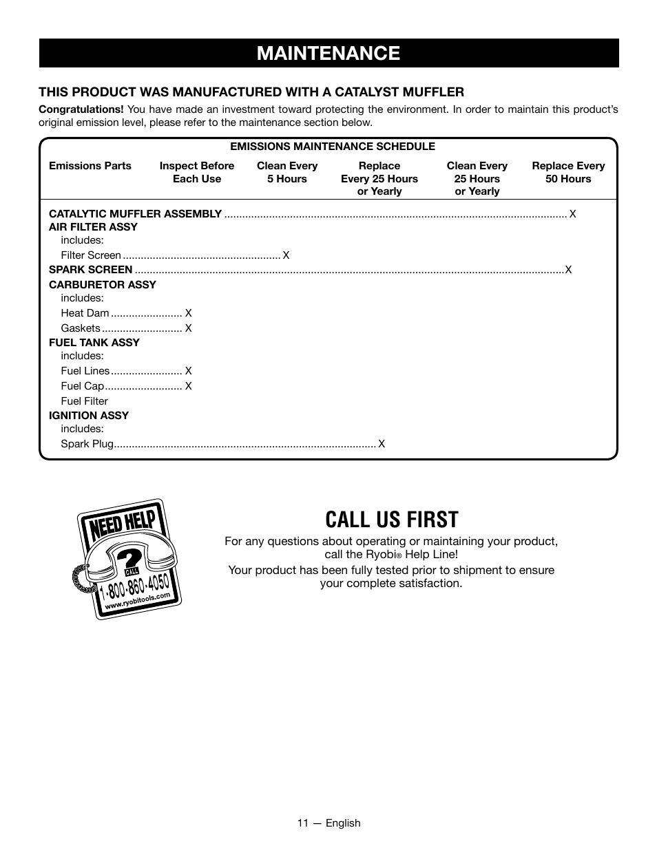 Call us first, Maintenance | Ryobi RY09800 User Manual | Page 12 / 45
