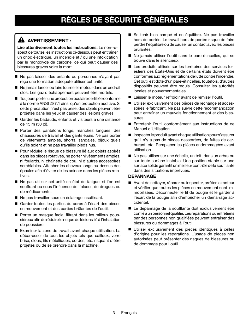 Règles de sécurité générales | Ryobi RY09800 User Manual | Page 17 / 45