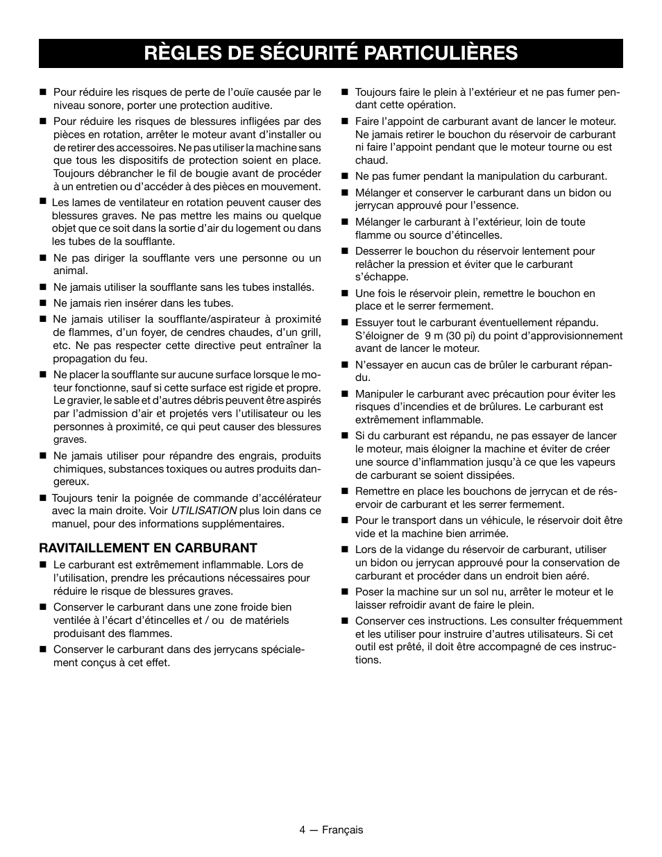 Règles de sécurité particulières | Ryobi RY09800 User Manual | Page 18 / 45