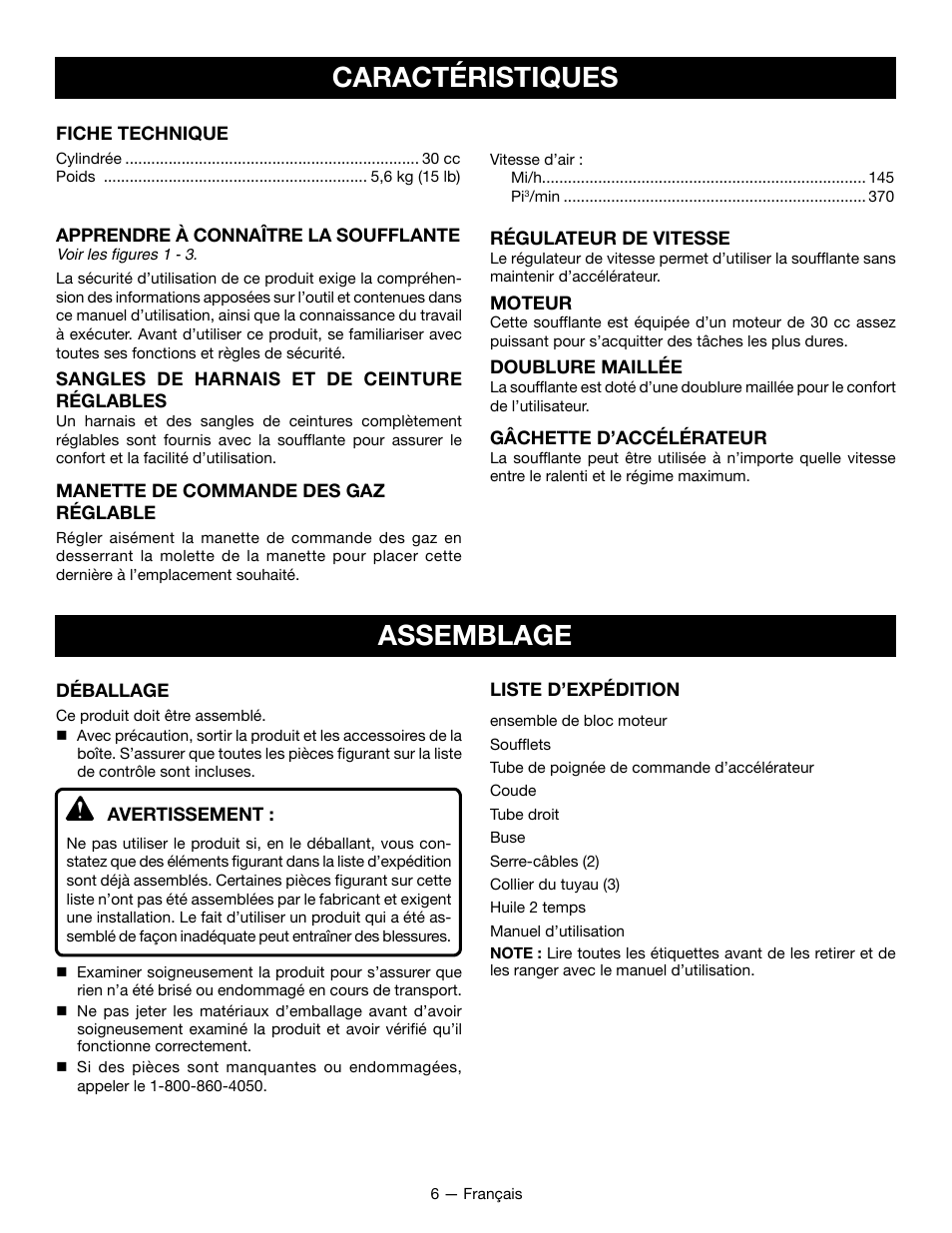 Caractéristiques assemblage | Ryobi RY09800 User Manual | Page 20 / 45