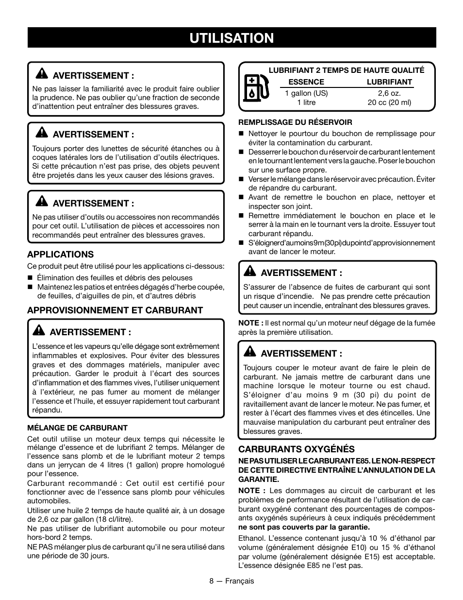 Utilisation | Ryobi RY09800 User Manual | Page 22 / 45