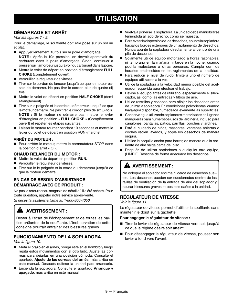 Utilisation, Démarrage et arrêt, Avertissement | Funcionamiento de la sopladora, Régulateur de vitesse | Ryobi RY09800 User Manual | Page 23 / 45
