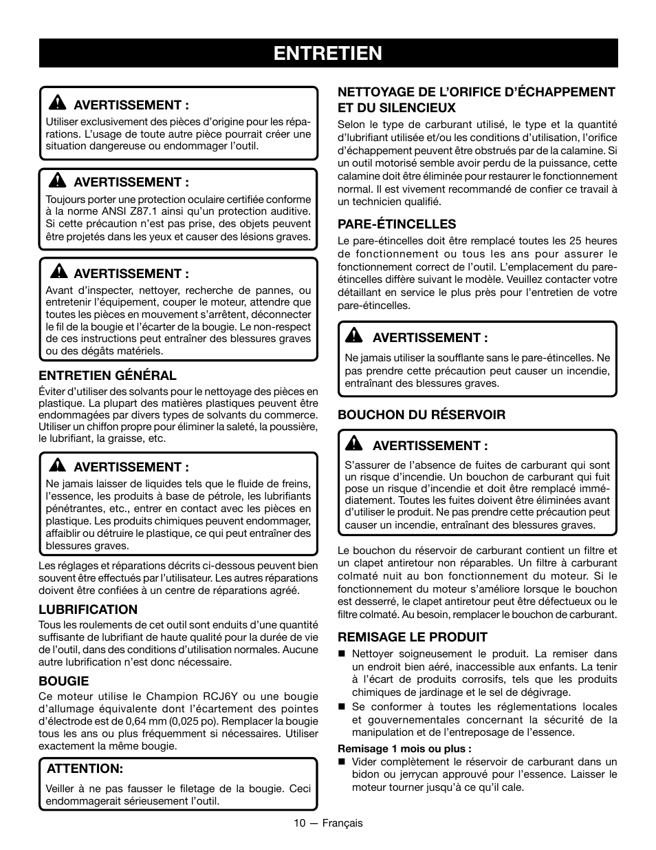 Entretien | Ryobi RY09800 User Manual | Page 24 / 45