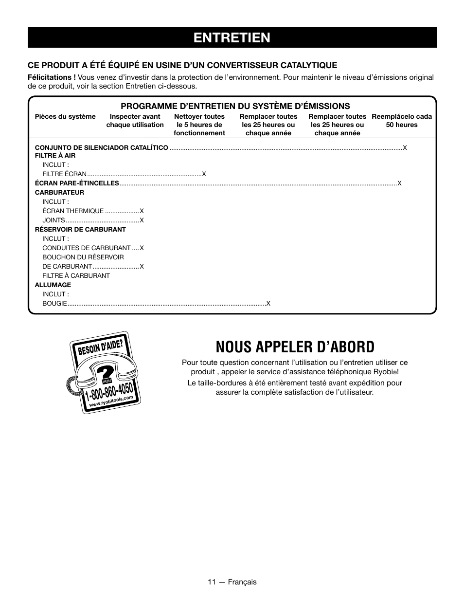 Nous appeler d’abord, Entretien, Besoin d’aid e | Ryobi RY09800 User Manual | Page 25 / 45