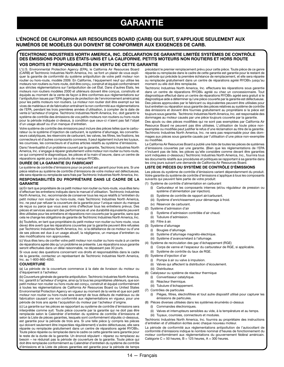 Garantie, 14 — français | Ryobi RY09800 User Manual | Page 28 / 45