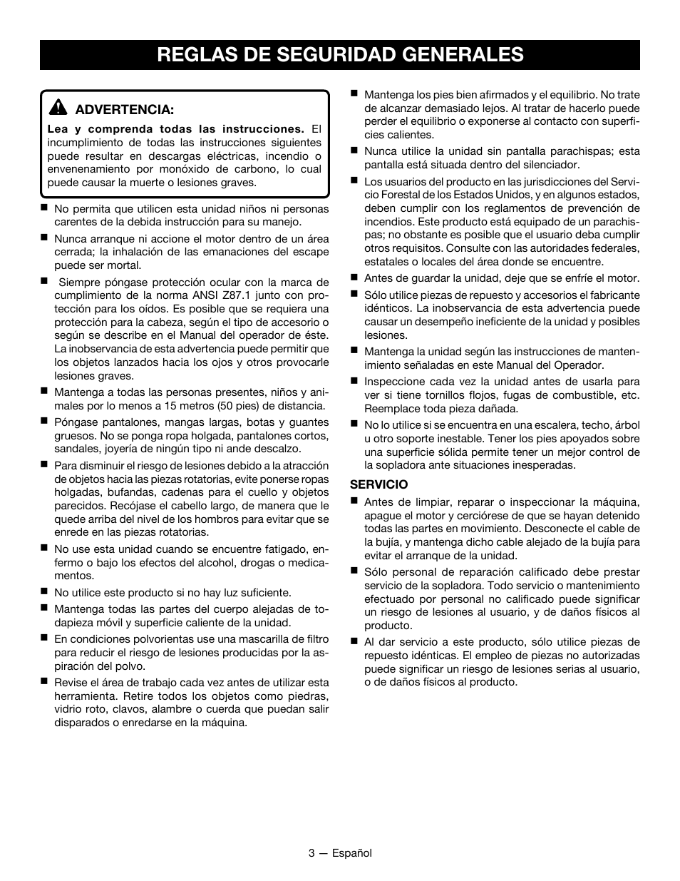 Reglas de seguridad generales | Ryobi RY09800 User Manual | Page 30 / 45