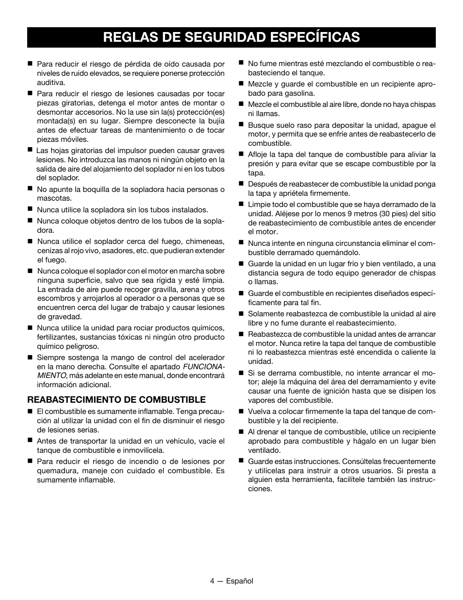 Reglas de seguridad específicas | Ryobi RY09800 User Manual | Page 31 / 45