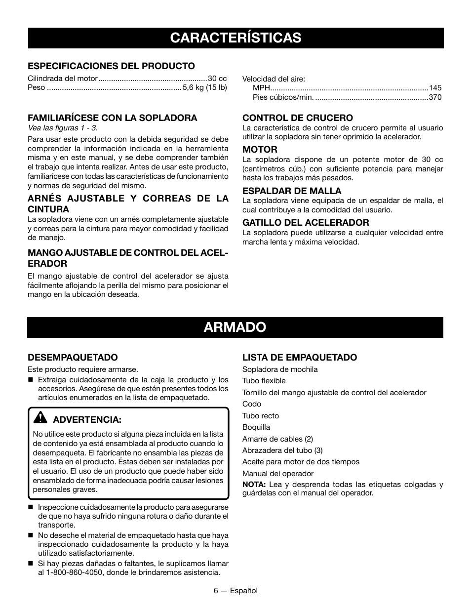 Características armado | Ryobi RY09800 User Manual | Page 33 / 45