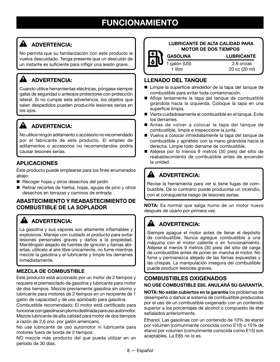 Funcionamiento | Ryobi RY09800 User Manual | Page 35 / 45