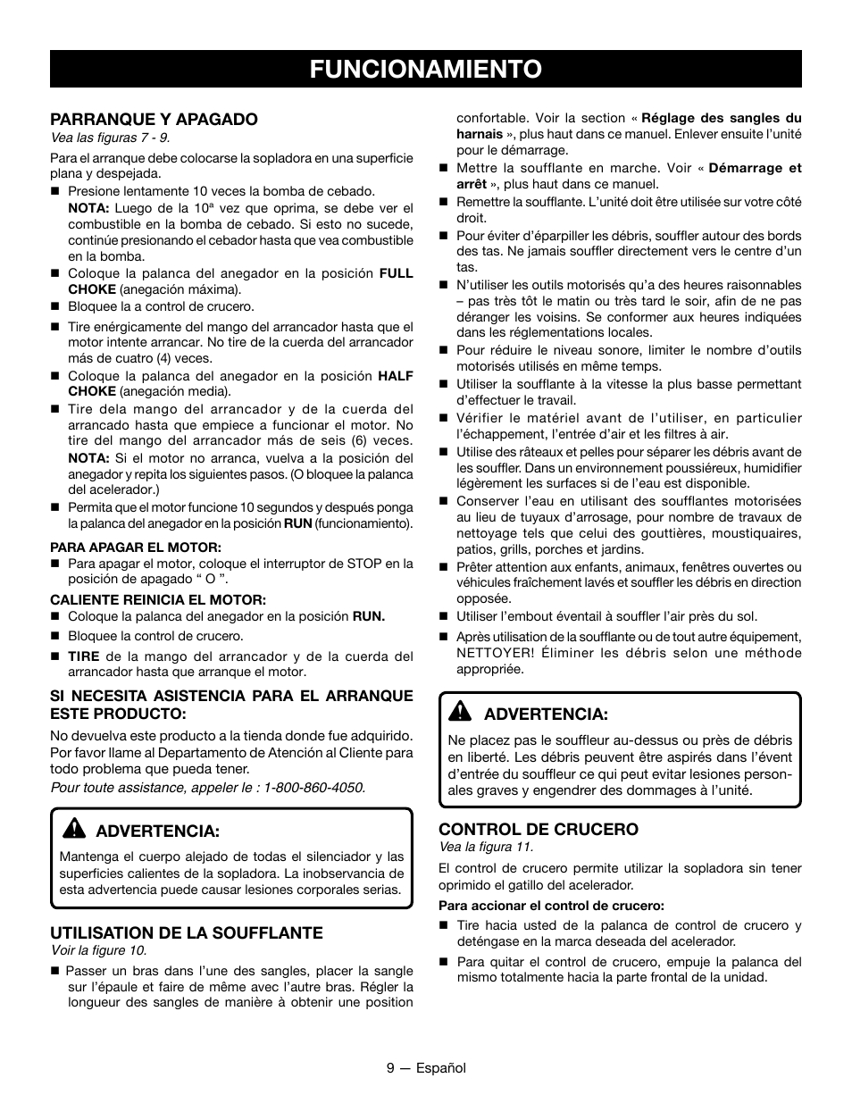 Funcionamiento, Parranque y apagado, Advertencia | Utilisation de la soufflante, Control de crucero | Ryobi RY09800 User Manual | Page 36 / 45