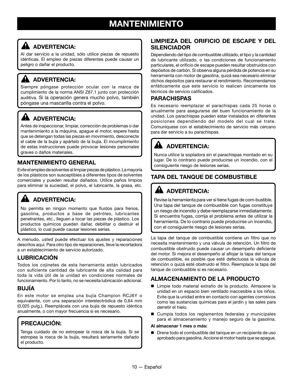 Mantenimiento | Ryobi RY09800 User Manual | Page 37 / 45