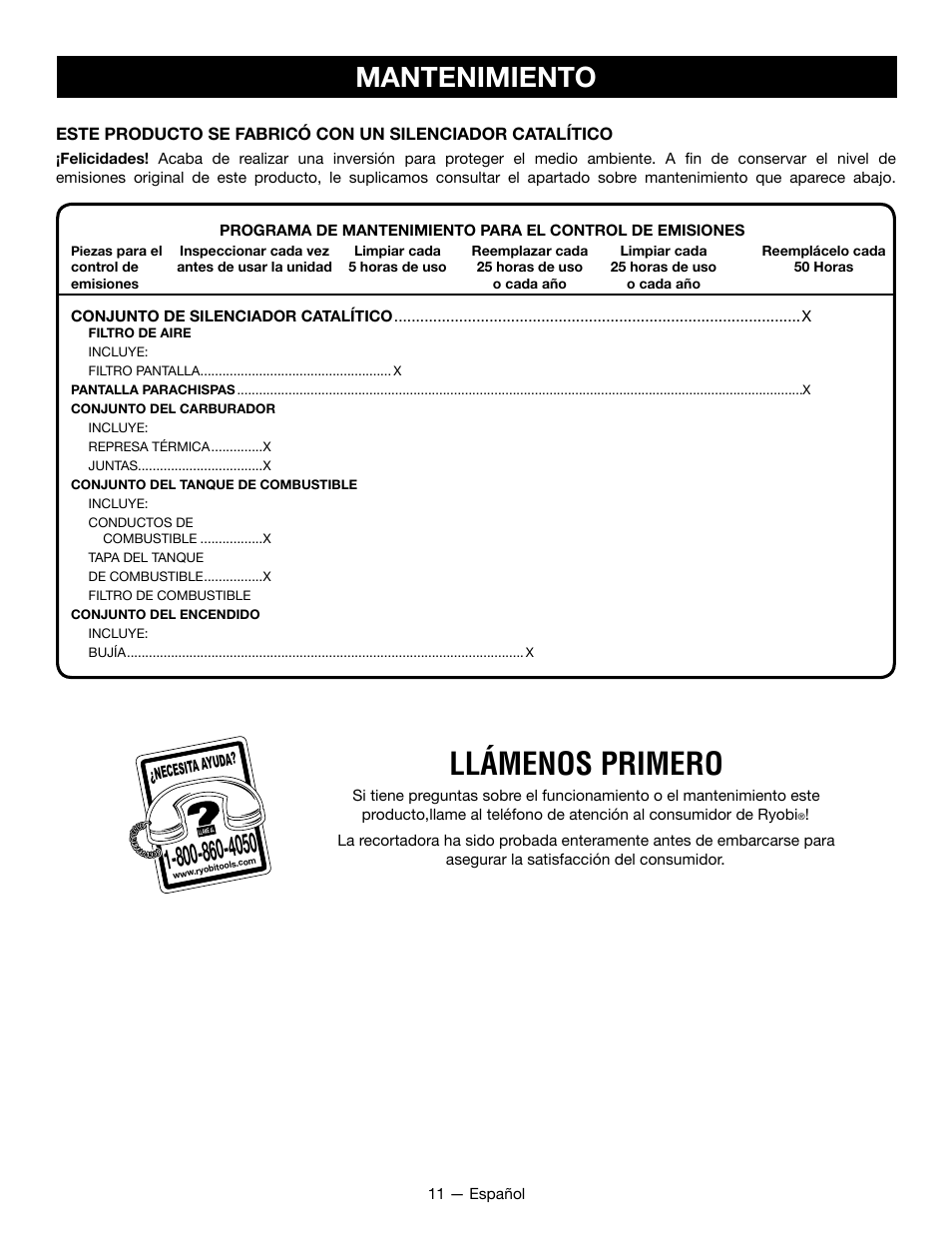Llámenos primero, Mantenimiento | Ryobi RY09800 User Manual | Page 38 / 45