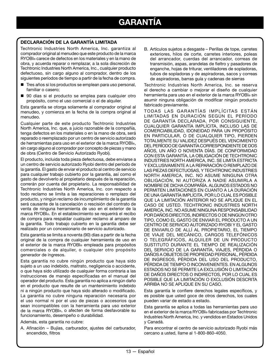 Garantía | Ryobi RY09800 User Manual | Page 40 / 45