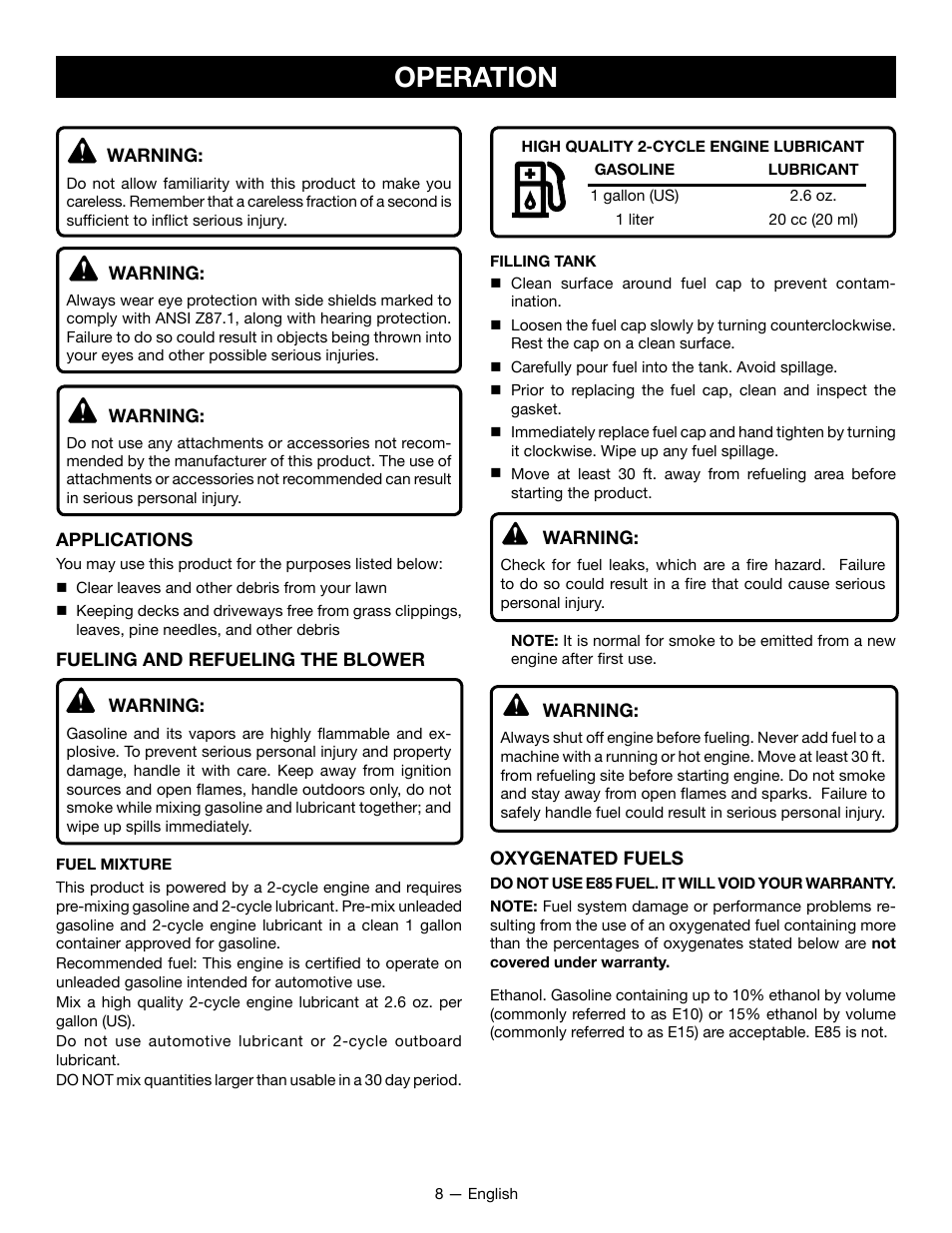 Operation | Ryobi RY09800 User Manual | Page 9 / 45