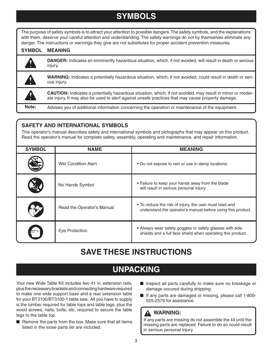 Symbols save these instructions, Unpacking | Ryobi 4730301 User Manual | Page 3 / 10