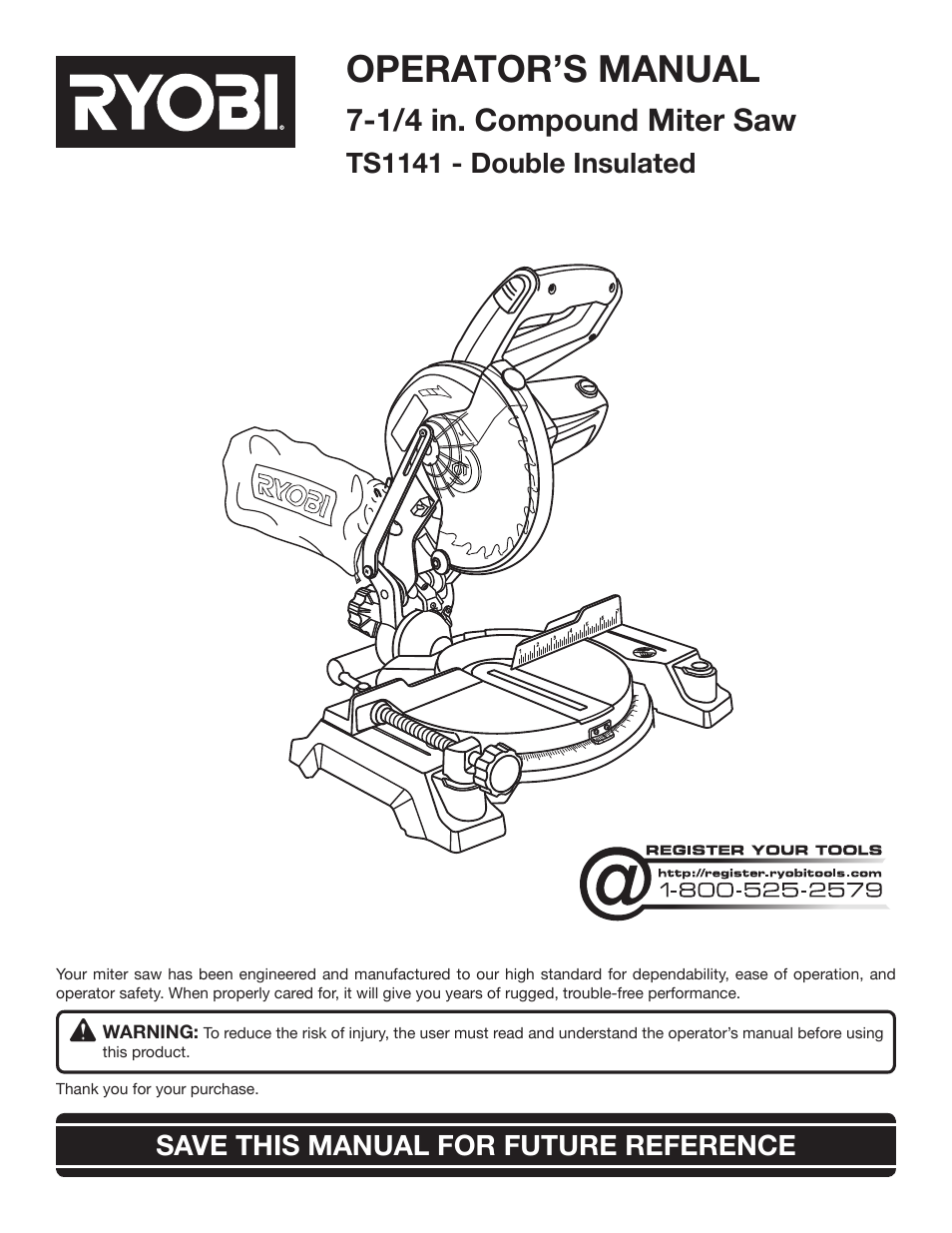 Ryobi 7-1/4 in Compound Miter Saw TS1141 User Manual | 32 pages