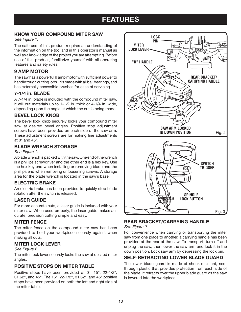 Features | Ryobi 7-1/4 in Compound Miter Saw TS1141 User Manual | Page 10 / 32