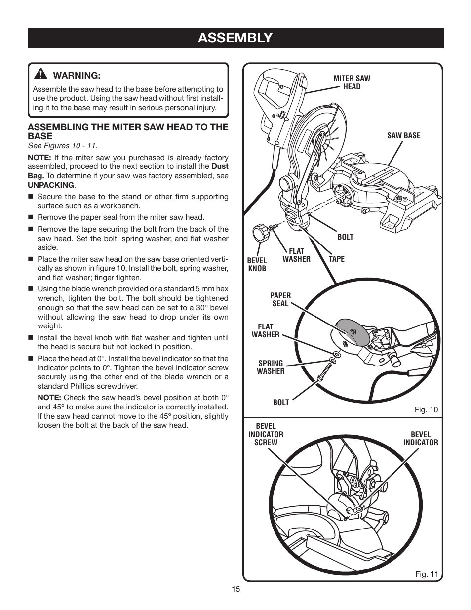 Assembly | Ryobi 7-1/4 in Compound Miter Saw TS1141 User Manual | Page 15 / 32