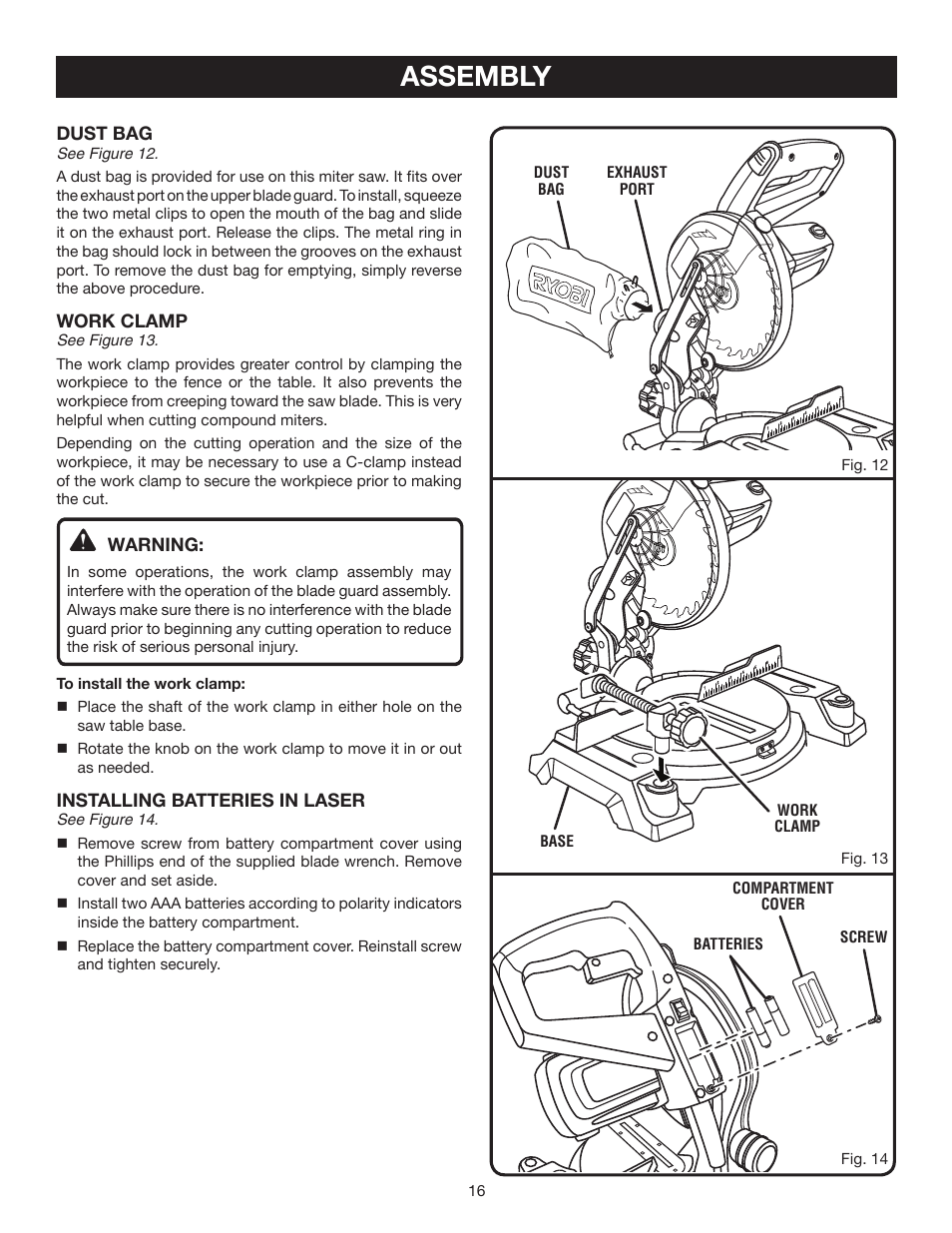 Assembly | Ryobi 7-1/4 in Compound Miter Saw TS1141 User Manual | Page 16 / 32