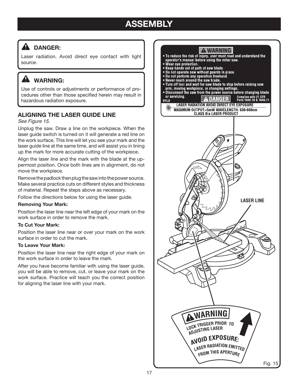 Assembly, Warnin g | Ryobi 7-1/4 in Compound Miter Saw TS1141 User Manual | Page 17 / 32
