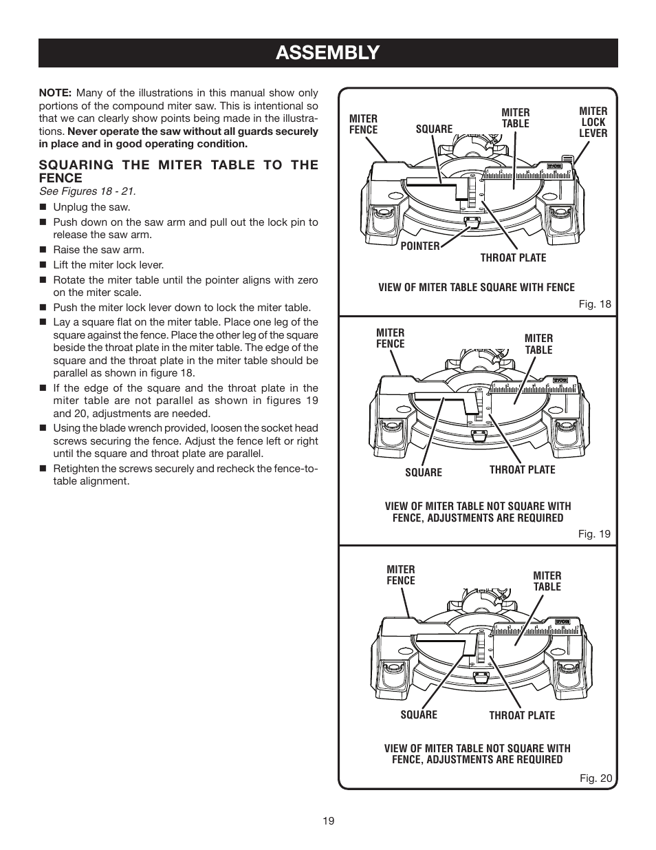 Assembly, Squaring the miter table to the fence | Ryobi 7-1/4 in Compound Miter Saw TS1141 User Manual | Page 19 / 32