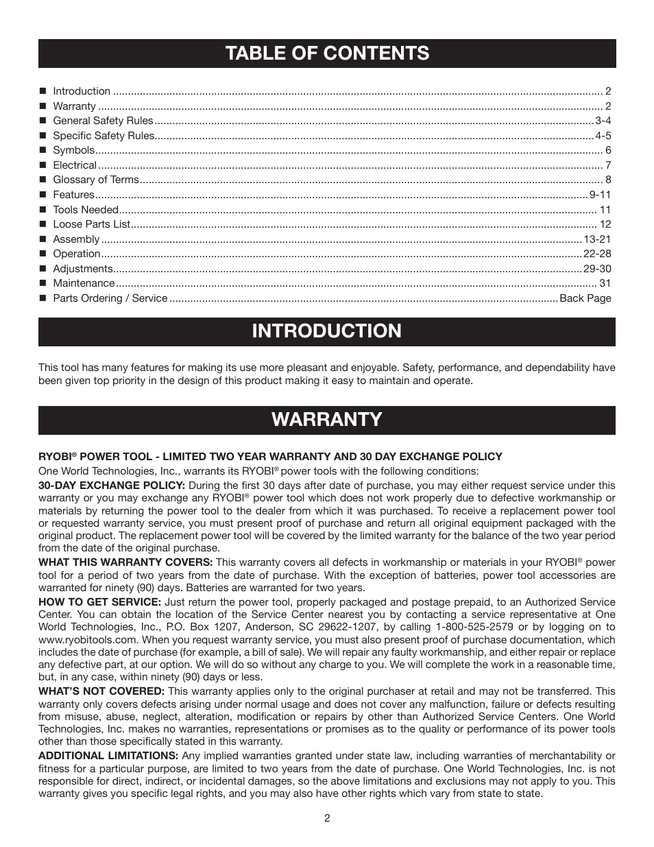 Table of contents introduction, Warranty | Ryobi 7-1/4 in Compound Miter Saw TS1141 User Manual | Page 2 / 32