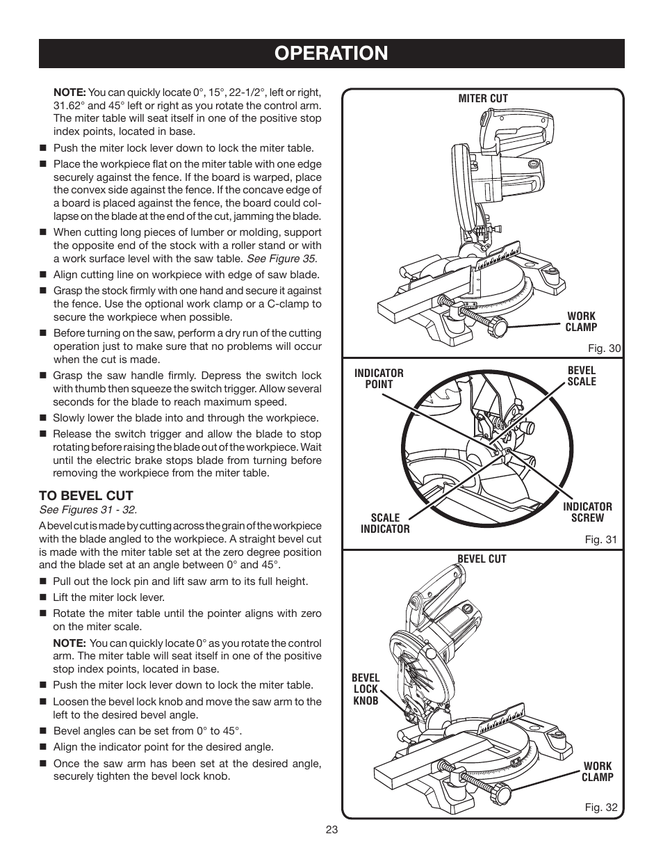 Operation | Ryobi 7-1/4 in Compound Miter Saw TS1141 User Manual | Page 23 / 32