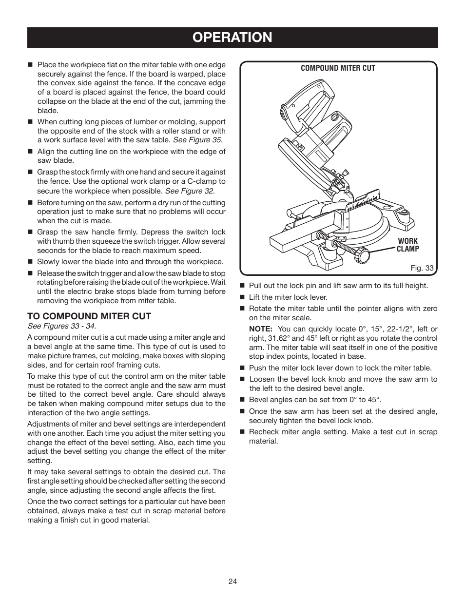 Operation | Ryobi 7-1/4 in Compound Miter Saw TS1141 User Manual | Page 24 / 32