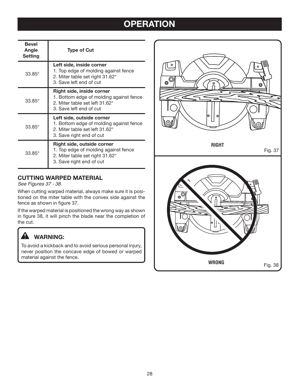 Operation | Ryobi 7-1/4 in Compound Miter Saw TS1141 User Manual | Page 28 / 32