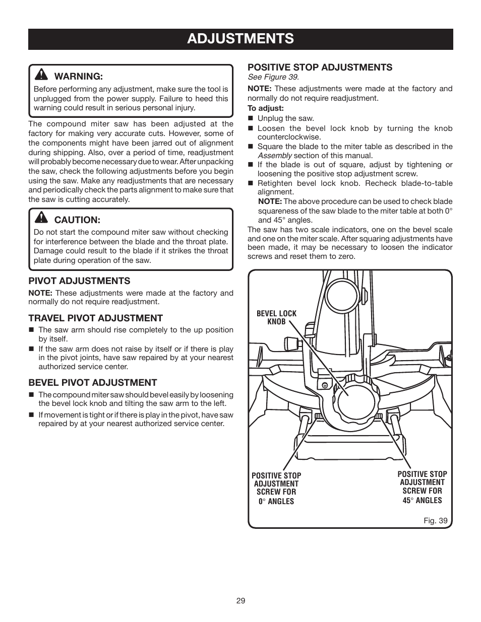 Adjustments | Ryobi 7-1/4 in Compound Miter Saw TS1141 User Manual | Page 29 / 32