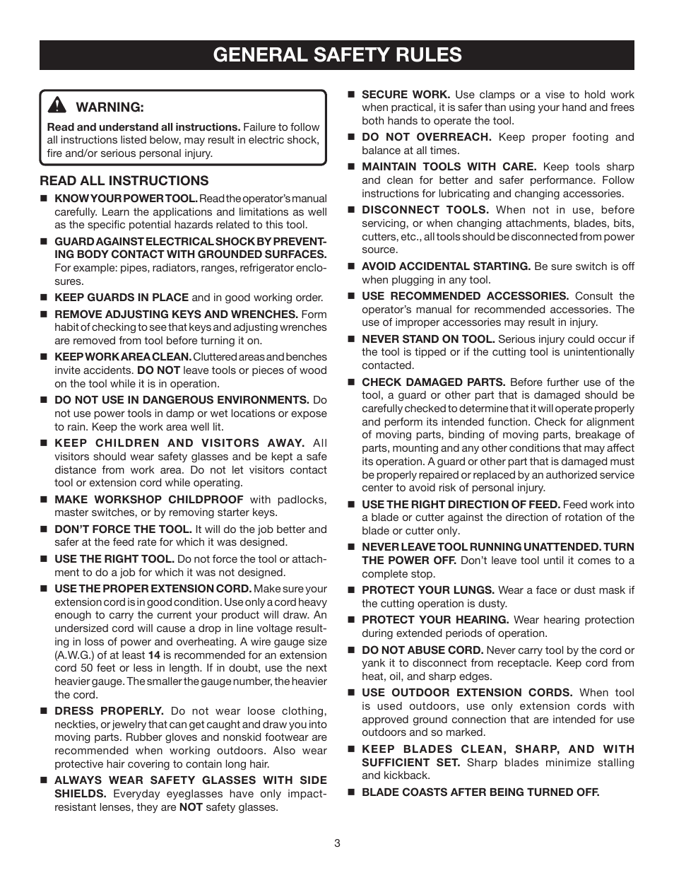 General safety rules | Ryobi 7-1/4 in Compound Miter Saw TS1141 User Manual | Page 3 / 32