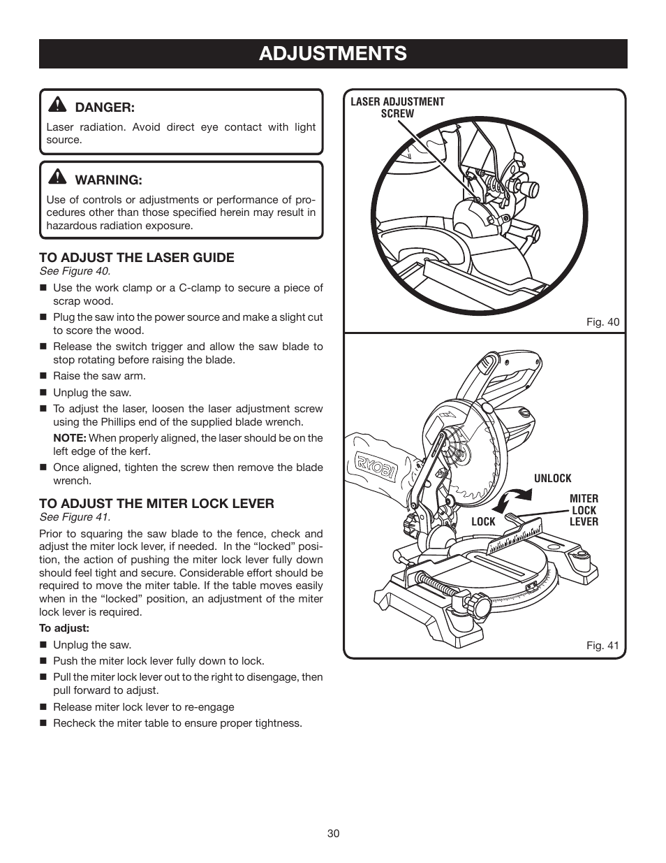 Adjustments | Ryobi 7-1/4 in Compound Miter Saw TS1141 User Manual | Page 30 / 32