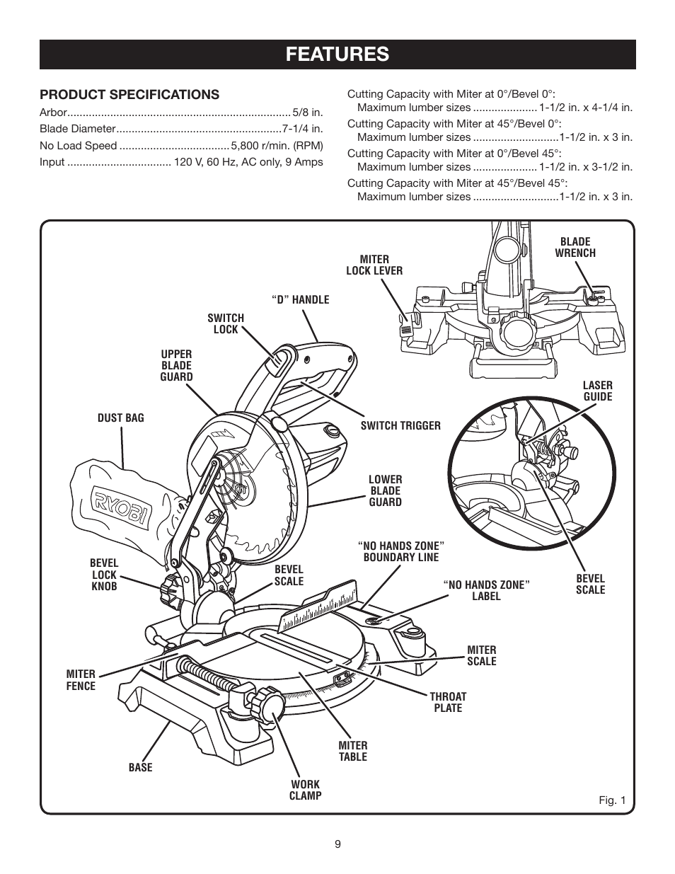 Features | Ryobi 7-1/4 in Compound Miter Saw TS1141 User Manual | Page 9 / 32