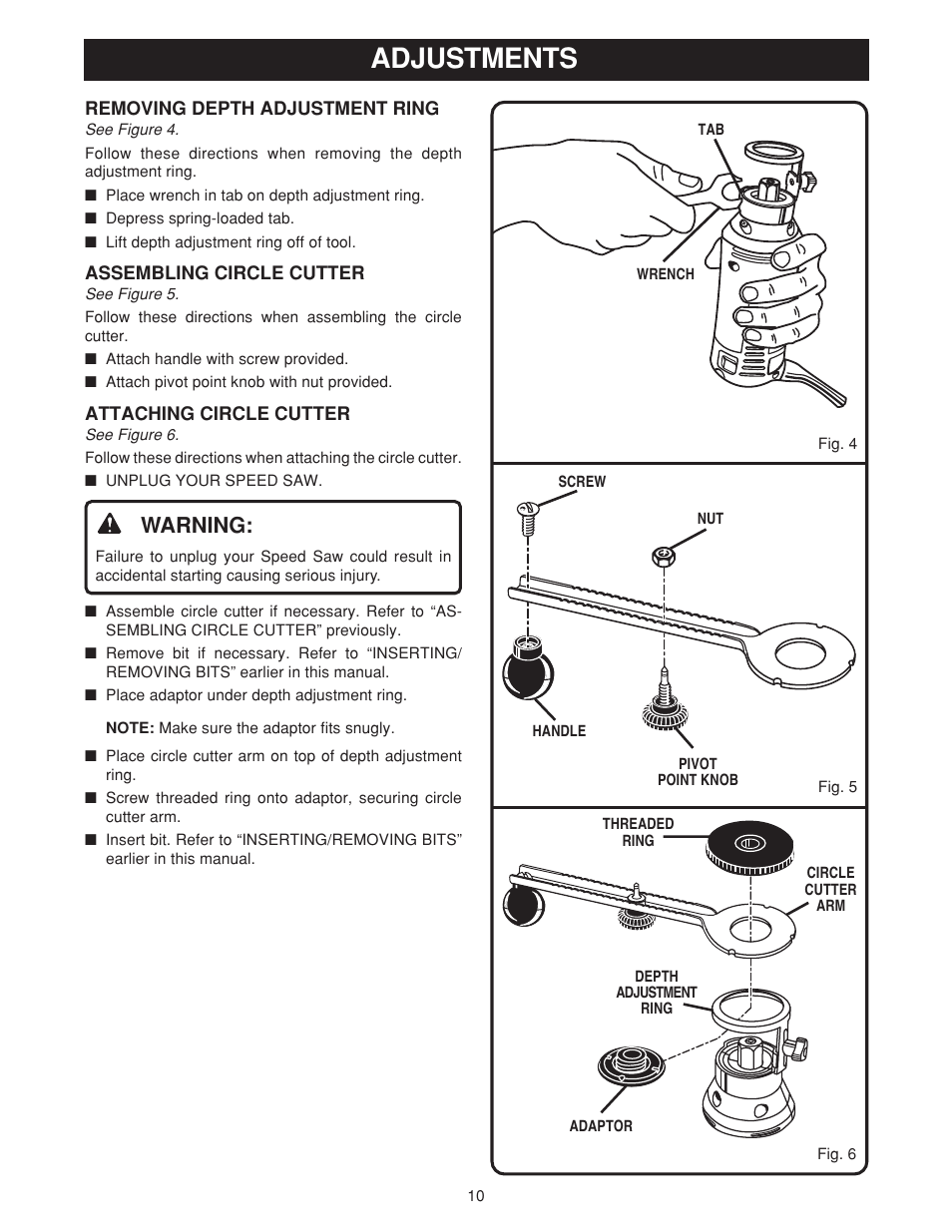 Adjustments, Warning | Ryobi SS50 User Manual | Page 10 / 14