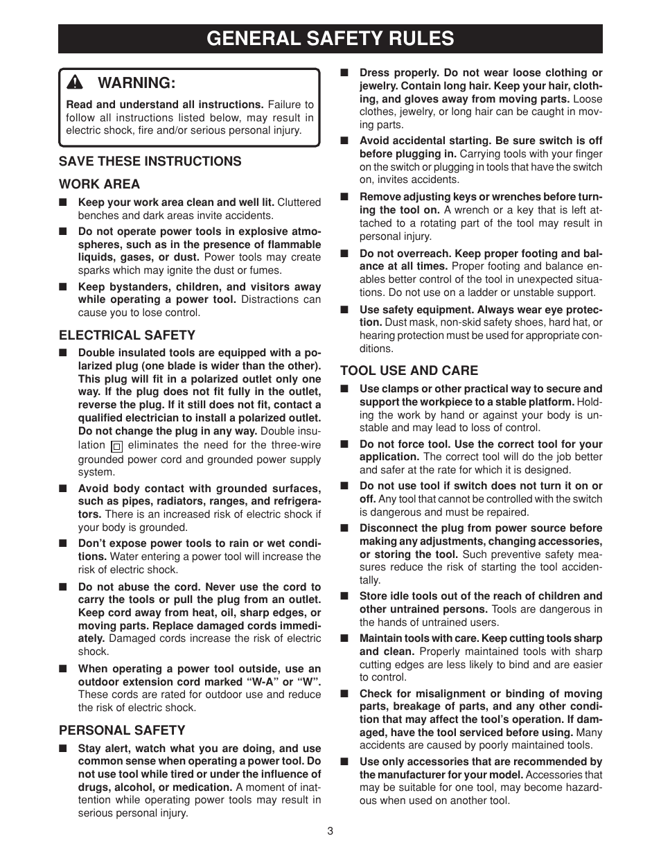 General safety rules, Warning | Ryobi SS50 User Manual | Page 3 / 14
