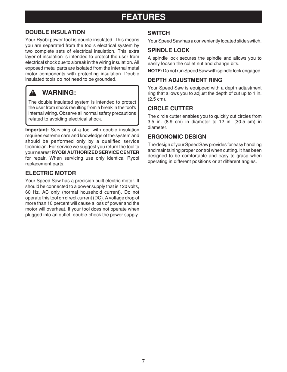 Features, Warning | Ryobi SS50 User Manual | Page 7 / 14