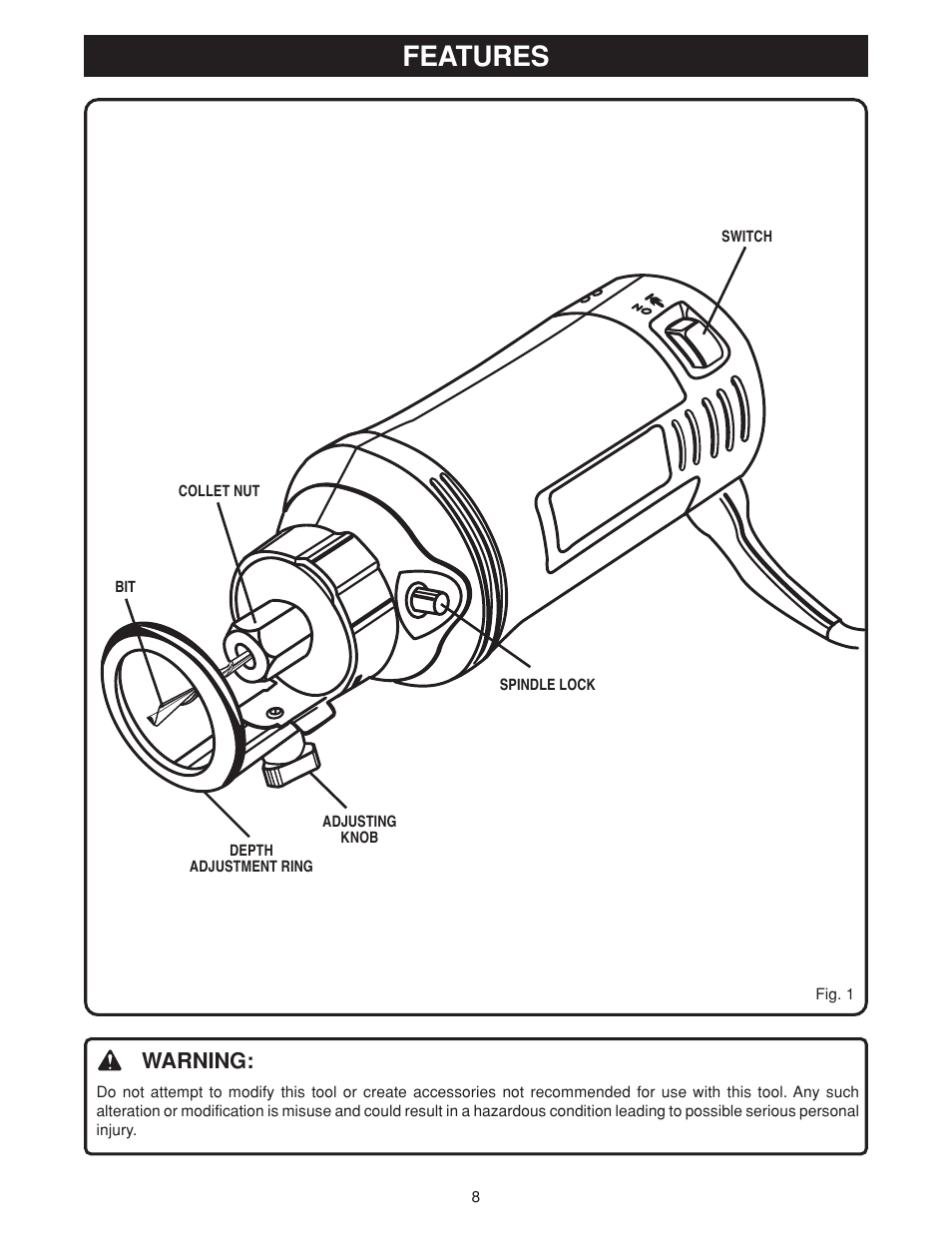 Features, Warning | Ryobi SS50 User Manual | Page 8 / 14