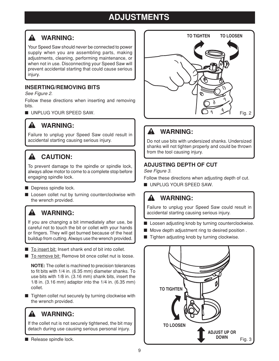 Adjustments, Warning, Caution | Ryobi SS50 User Manual | Page 9 / 14