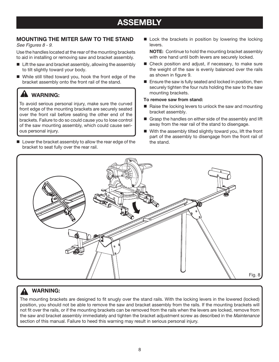 Assembly, Mounting the miter saw to the stand, Warning | Ryobi A18MS01 User Manual | Page 8 / 12
