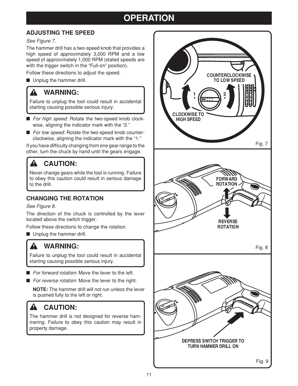 Operation, Warning, Caution | Ryobi D550H User Manual | Page 11 / 16