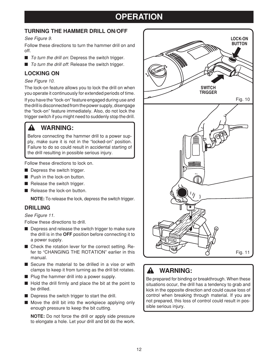 Operation, Warning | Ryobi D550H User Manual | Page 12 / 16