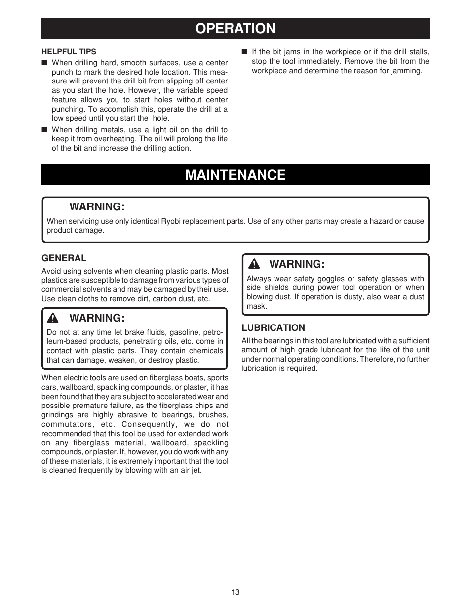 Maintenance, Operation, Warning | Ryobi D550H User Manual | Page 13 / 16