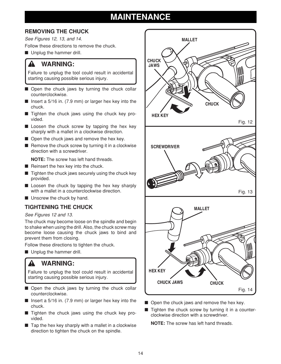 Maintenance, Warning | Ryobi D550H User Manual | Page 14 / 16