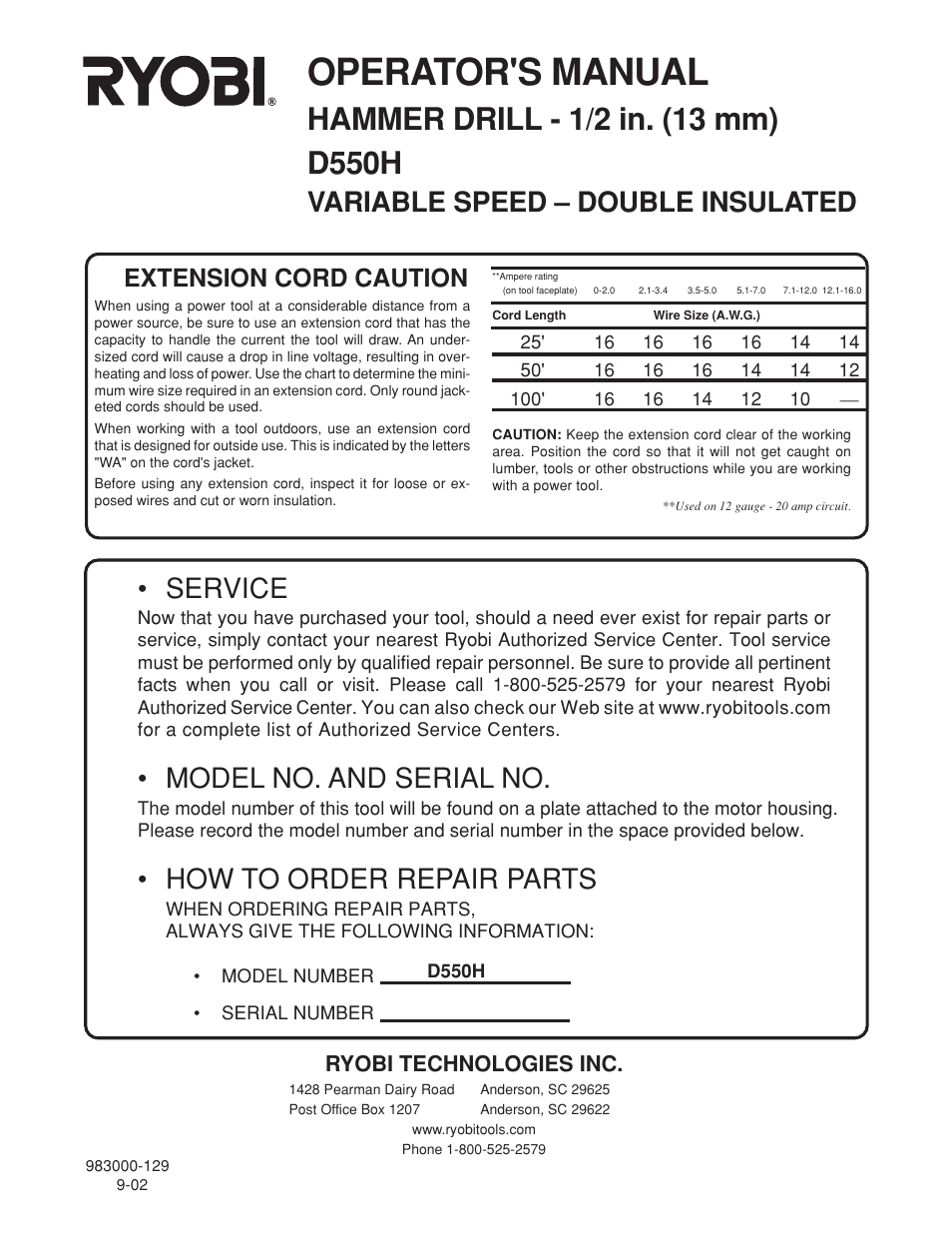 Operator's manual, Variable speed – double insulated, Service | Model no. and serial no, How to order repair parts, Extension cord caution, Ryobi technologies inc | Ryobi D550H User Manual | Page 16 / 16